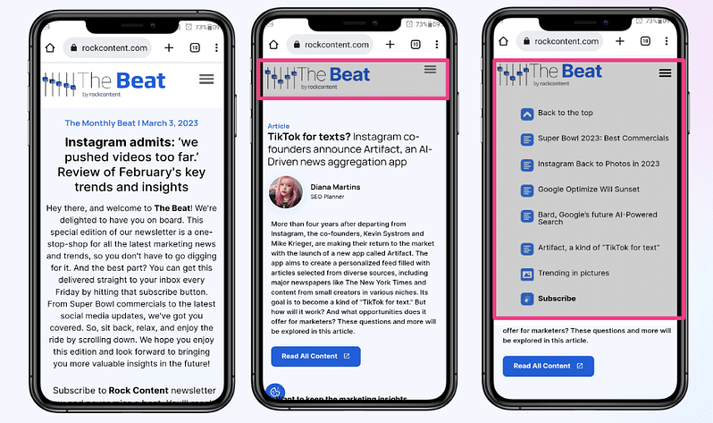 Layout da página principal da Rock Content
