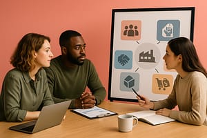 Três profissionais analisam um quadro com cinco ícones que simbolizam as 5 Forças de Porter em uma sala. Na mesa, laptop, prancheta com gráfico e caderno aberto com caneta.