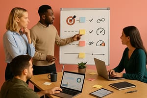 Equipe define metas diante de um quadro com ícones genéricos de alvo, check, cadeia/relevância, velocímetro e timeline, usando post-its para prioridades. Mesa com notebooks, tablet, cadernos e caneca.