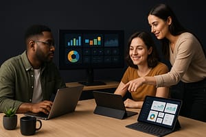 Três profissionais analisam dashboards em monitor, tablet e laptop em escritório de fundo escuro. Na tela principal, uma grade com sete widgets de gráficos e KPIs genéricos. Mesa com canecas e plantas, luz suave.