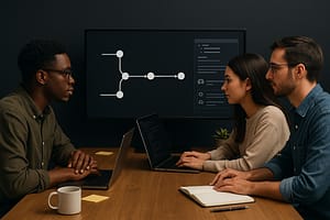 Três desenvolvedores colaboram em frente a um monitor grande com diagrama de branches e revisão de código, cada um com seu notebook em mesa de madeira. Iluminação suave, post-its, caneca e planta ao redor.