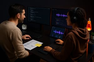 Dois desenvolvedores lado a lado com abordagem contrastante: à esquerda, setup tradicional com dupla de monitores, documentos impressos e relógio; à direita, “vibe coding” com fones, lava lamp e tela extra exibindo forma de onda de áudio.