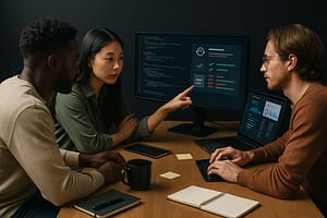 Três desenvolvedores analisam um monitor com bloco de sugestões de IA ao lado de código, em um escritório. Um digita, outro aponta a tela e o terceiro observa.