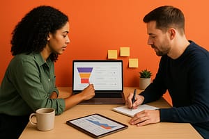 Duas pessoas em um escritório moderno, fundo laranja plano, analisando um funil de leads em um notebook enquanto um tablet mostra gráficos; mesa com caneca, caderno, caneta e pequena planta, iluminação suave e sombras realistas.