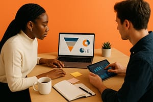 Duas pessoas em um escritório moderno com fundo laranja sólido discutem estratégias de marketing. Um notebook exibe um funil de conversão e gráficos sem texto, enquanto um tablet mostra barras e controles. Sobre a mesa, caderno aberto, caneta, post-its, caneca e pequena planta.