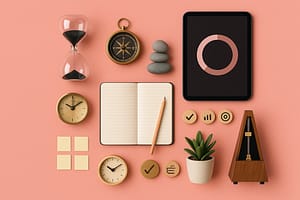 Tablet exibindo anel de progresso sem texto, ampulheta com areia preta, bússola, pilha de pedras, relógios analógicos, caderno aberto com lápis, metronomo de madeira, post-its, discos de madeira com ícones minimalistas e pequena planta, iluminação suave e sombras realistas.