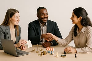 Três empreendedores em mesa de madeira apertam as mãos em acordo. À frente, itens que simbolizam livre mercado: etiqueta de preço, balança de pratos, moedas empilhadas, mini loja, bússola e peças de xadrez. Laptop fechado ao lado. Iluminação suave e sombras realistas.