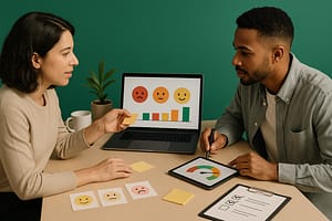 Dois profissionais analisam NPS em mesa de madeira, fundo verde. Notebook exibe ícones de carinhas e barras, tablet mostra um medidor semicircular de 0 a 10 estilizado, cartões com carinhas na mesa, prancheta com checklist, post-its, caneca e pequena planta.