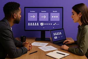 Dois profissionais de vendas revisam uma proposta comercial em mesa de madeira, telas voltadas para eles: monitor com sequência visual “problema → solução → resultados” e ícones de provas sociais (silhuetas, balão de fala, estrelas, check/assinatura), além de linha do tempo de marcos. Laptop exibe seção de aprovação com avatares e ícones genéricos.