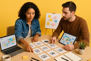 Dois profissionais organizam cartões com ícones de sete tipos de conteúdo sobre mesa de madeira. Notebook e tablet exibem calendários de conteúdo, mini cavalete ao fundo com fluxo de etapas em post-its, caderno aberto, caneta, caneca e pequena planta.