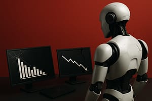 Profissional observa gráficos de queda em uma tela grande, representando o impacto da IA no mercado e o colapso do product market fit.