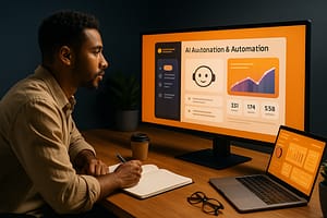 Profissional analisa dados de automação e IA em duas telas, simbolizando o impacto do acordo entre AMD e OpenAI na infraestrutura tecnológica.