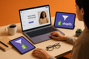Mulher cria uma landing page no laptop, com tablets exibindo integração com Shopify sobre fundo laranja.