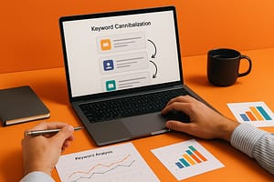 Analista revisa gráficos de SEO e palavras-chave duplicadas em laptop sobre fundo laranja.