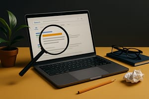 Laptop exibe página de busca destacando um resultado com lupa, simbolizando o algoritmo Goldmine que redefine títulos da SERP com IA.