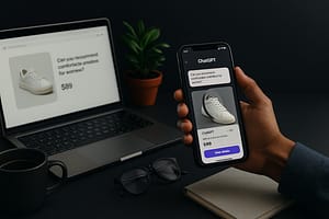 Pessoa segura smartphone exibindo interface do ChatGPT Shopping recomendando tênis, com laptop mostrando o mesmo produto ao fundo.