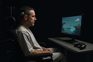 Homem em cadeira de rodas, com interface neural visível na cabeça, controla um jogo exibido em monitor sobre mesa, enquanto um controle físico permanece desligado ao lado; ambiente escuro e minimalista com iluminação suave.