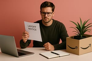 Homem de expressão séria segura um aviso de demissão ao lado de uma caixa da Amazon com uma planta e um laptop, simbolizando reestruturação e mudança corporativa.