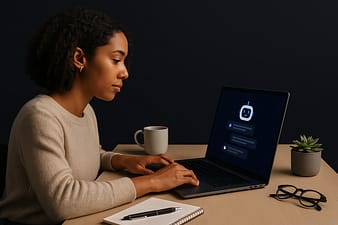 Mulher jovem de pele morena e cabelo cacheado, digitando em um laptop em uma mesa de madeira clara, enquanto interage com um agente de IA no monitor; ao redor há uma caneca de café, um caderno com caneta, óculos e uma suculenta, contra um fundo plano escuro.