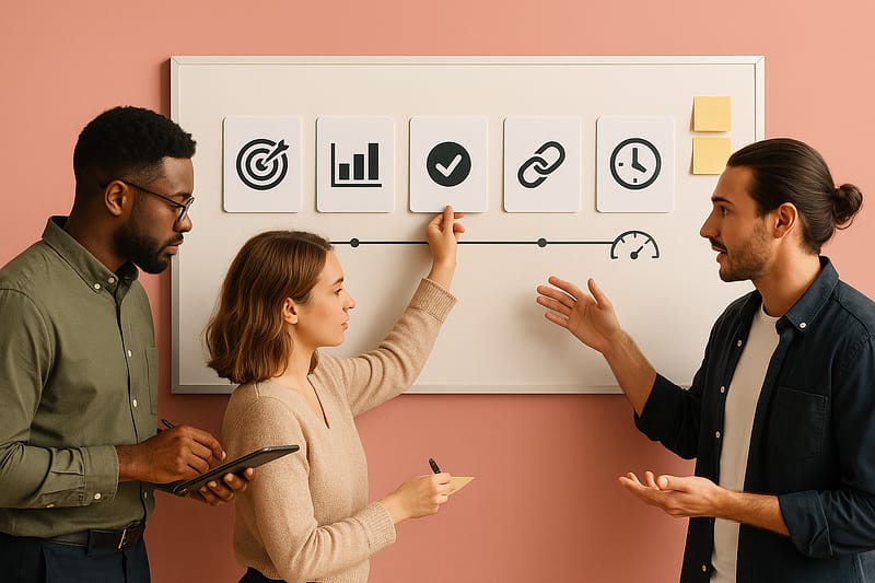 Três profissionais definem metas em frente a um quadro com cinco cartões de ícones — alvo, gráfico de barras, check, elos de corrente e relógio — ligados por uma linha do tempo com indicador de desempenho. Um segura tablet, outro posiciona um cartão e o terceiro explica.