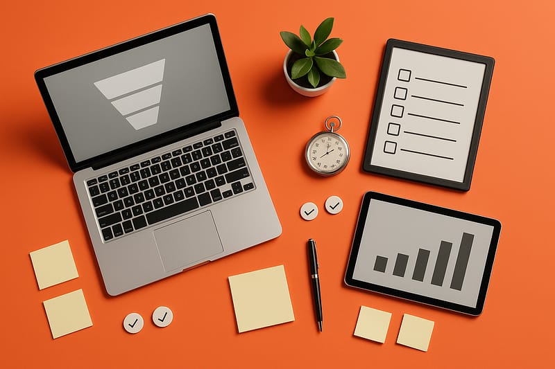 Objetos de acompanhamento de KPI, notebook com funil, tablet com barras, prancheta com checklist, cronômetro, post-its, discos com check, caneta e pequena planta.
