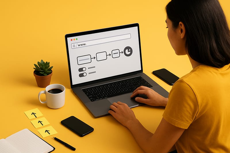 Profissional escrevendo uma URL em notebook com barra de endereço e blocos que representam estrutura e parâmetros UTM. Mesa com caneca, caderno, post-its com setas, celular e planta.