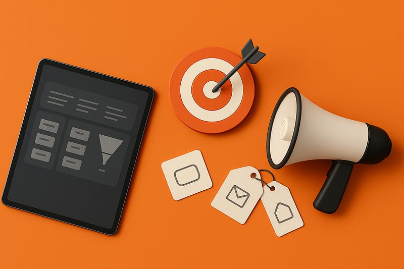 Três elementos principais de marketing: tablet mostrando layout de campanha e funil abstrato sem texto, alvo circular com seta cravada ao centro e megafone moderno. Ao lado, tags e ícones minimalistas, luz suave e sombras realistas.