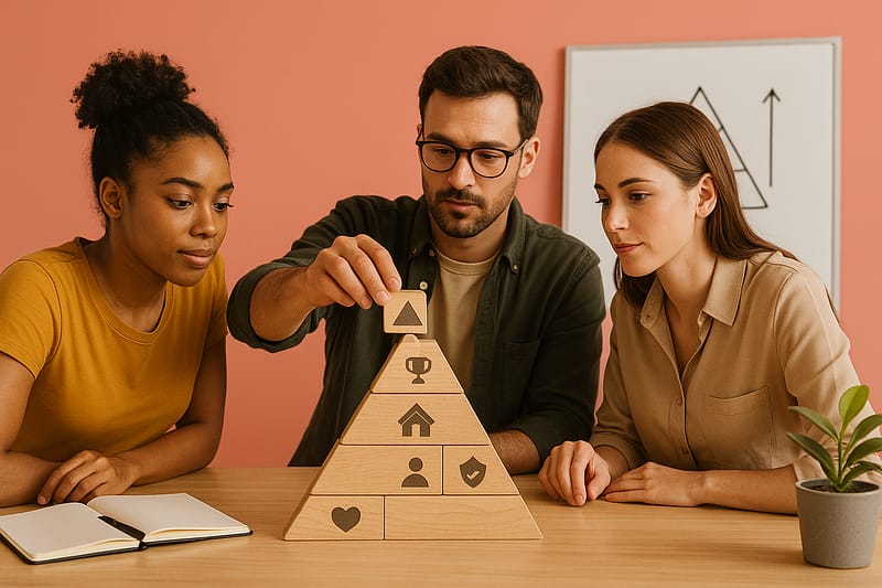 Três profissionais constroem uma pirâmide de madeira que simboliza a hierarquia de necessidades de Maslow sobre uma mesa. Ao fundo, quadro com desenho simples de pirâmide sem texto.