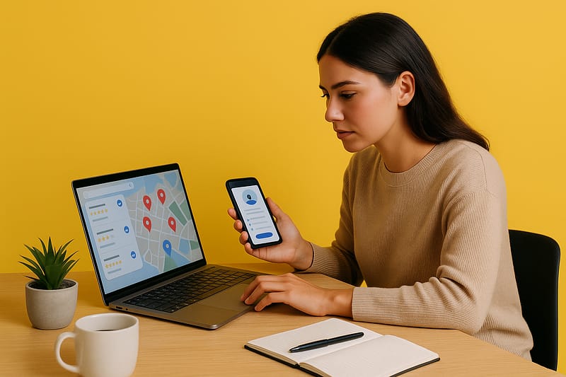 Profissional gerencia o Perfil da Empresa em mesa de madeira com laptop e smartphone: no notebook, mapa com pins e avaliações genéricas; no celular, tela de perfil com campos de contato.