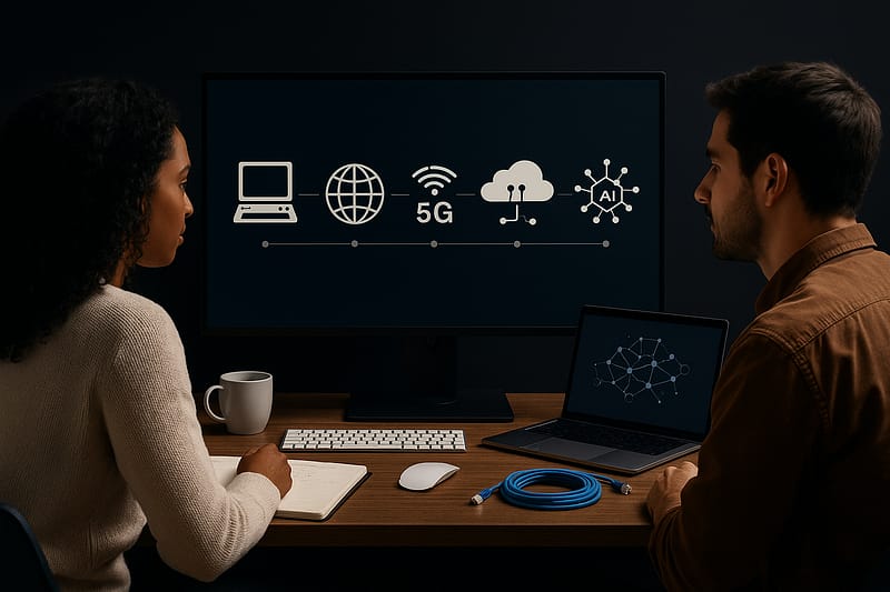 Dois profissionais analisam, lado a lado, um monitor com linha do tempo da internet: ícones genéricos de computador antigo, globo web, sinal 5G, nuvem e nós de IA. Notebook com rede de nós, caderno, caneca e cabo Ethernet sobre a mesa.