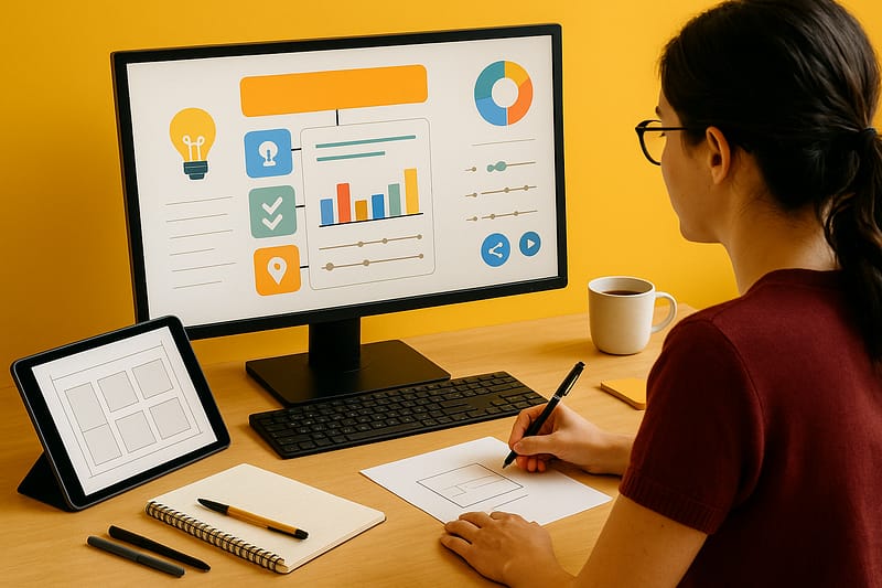 Profissional de conteúdo cria um infográfico em estação com monitor grande (barras, donut e ícones genéricos), tablet com grade de layout e rascunho no papel; mesa com caderno, canetas e caneca.
