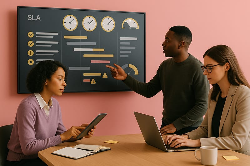 Três profissionais em reunião diante de um painel com ícones de relógios, barras de progresso e alertas que representam prazos e acordos de nível de serviço. Mesa de madeira com notebook, tablet, caderno e caneca.