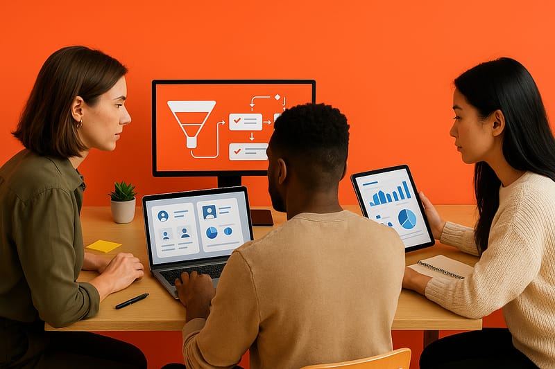 Três profissionais de marketing, de perfis diversos, sentados à mesa olhando para suas telas: monitor virado para o grupo com funil e fluxo de automação; laptop com cartões de CRM; tablet com KPIs. Mesa com caderno, caneca, post-its e pequena planta.