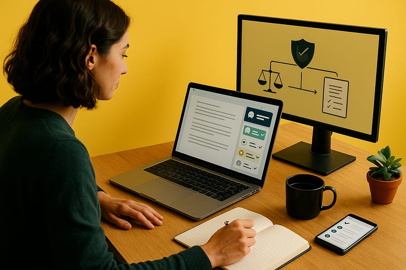 Profissional de conteúdo revisa um texto com apoio de IA: laptop exibe editor com cartões de sugestões genéricos, enquanto o monitor mostra ícones de ética e revisão. Mesa com caderno, caneca e planta.