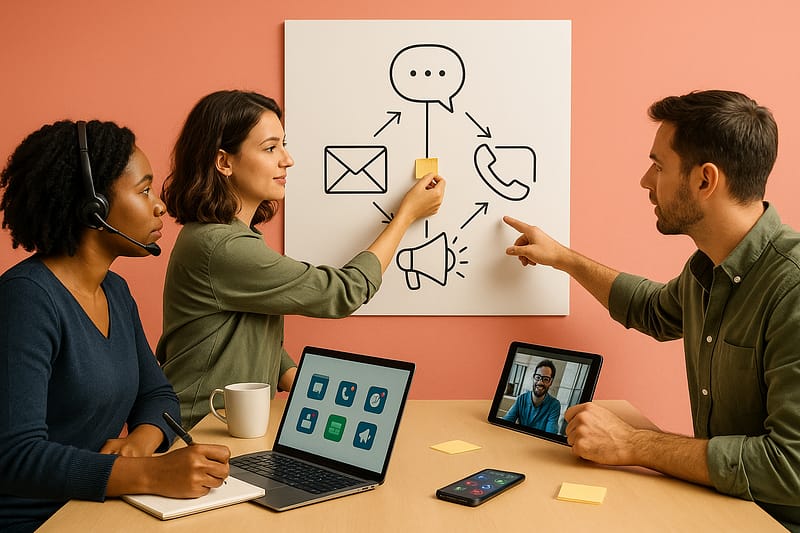 Três profissionais definem tipos de comunicação em reunião: quadro com ícones de e-mail, chat, telefone e anúncio, laptop com apps, tablet em videochamada e headset. Mesa com caneca, caderno e post-its.