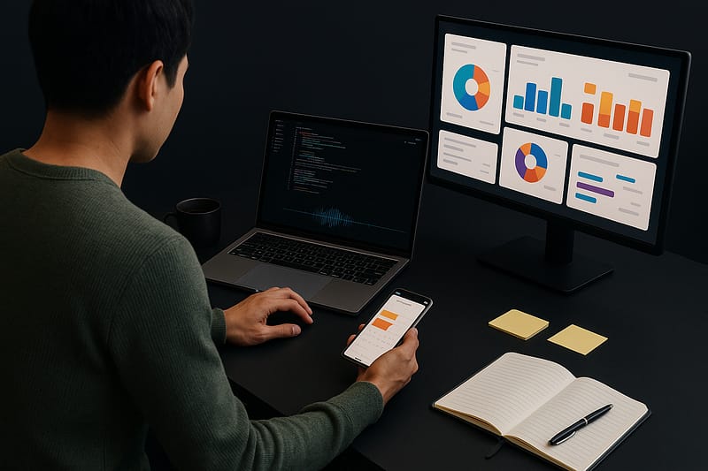 Profissional em ambiente de tecnologia visto por trás, focado em um laptop com editor de código, monitor com gráficos analíticos, smartphone com agenda, caderno, caneca e fones sobre mesa escura, fundo liso.