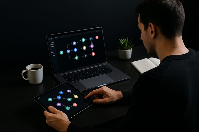 Profissional em escritório moderno utilizando tablet e laptop para montar fluxos de automação com nós conectados, ao lado de caneca, caderno e planta, sobre mesa escura com fundo liso.