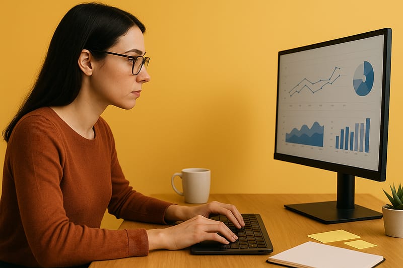 Mulher com óculos olha diretamente para o monitor do computador enquanto digita, em mesa com caneca, caderno e post-its. Fundo amarelo sólido, clima de pesquisa e análise de conteúdo.