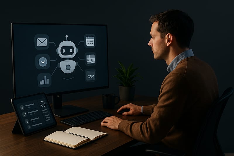 Profissional monitora um agente autônomo em monitor grande. A interface genérica mostra um avatar de robô conectado a ícones de e-mail, calendário, tarefas, CRM e métricas. Tablet com checklist de execuções, caderno aberto, caneca e planta na mesa.