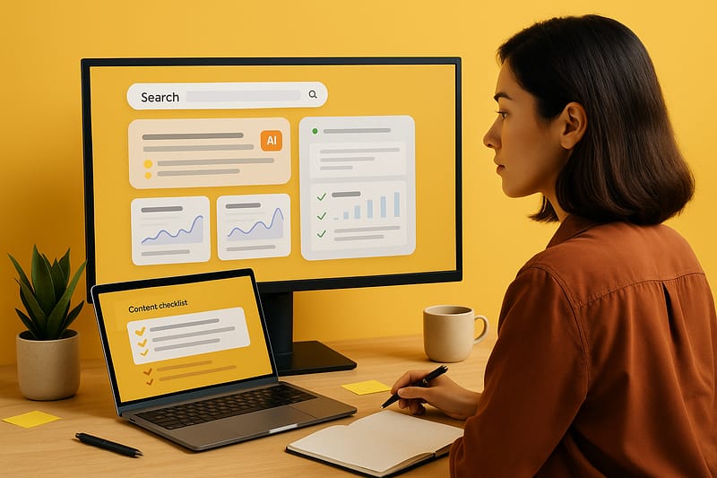 Profissional de conteúdo analisa resultados de busca com IA em monitor grande, enquanto o notebook exibe um checklist de conteúdo. Mesa com caderno, caneca, caneta e planta.
