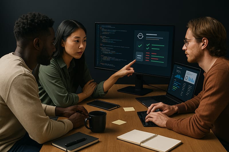 Três desenvolvedores analisam um monitor com bloco de sugestões de IA ao lado de código, em um escritório. Um digita, outro aponta a tela e o terceiro observa.
