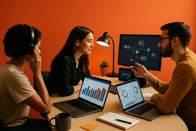 Três profissionais de marketing analisam dashboards e um fluxo de automação em um escritório. Uma pessoa usa headphones enquanto ajusta o foco, outra observa métricas e a terceira aponta o monitor com o diagrama de automações. Mesa com notebooks, caderno, caneca e pequena planta.