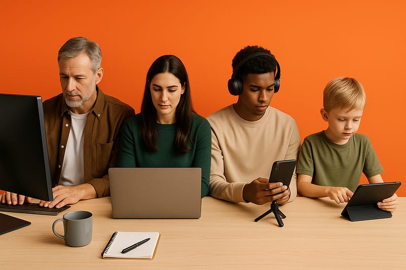 Quatro pessoas de gerações diferentes sentadas lado a lado, cada uma com sua tela virada para si: Gen X no desktop, Gen Y no laptop, Gen Z no smartphone com mini tripé e headphones, Gen Alpha no tablet.