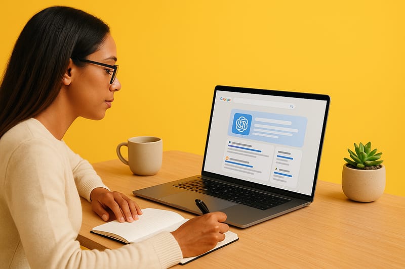 Profissional de conteúdo analisa uma SERP com bloco de overview por IA e cartões de resultados em um laptop, anotando melhorias em caderno. Mesa com caneca e planta.