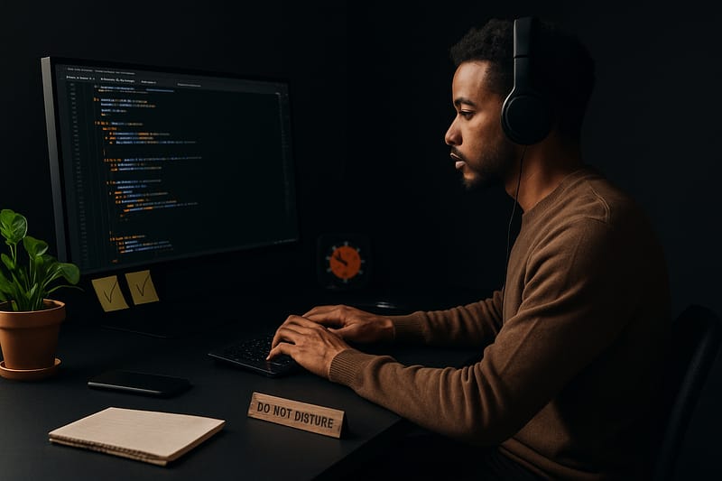 Desenvolvedor em estado de flow digita com headphones em mesa minimalista; monitor exibe código, smartphone virado para baixo, cronômetro discreto ao fundo, caderno e planta ao lado.