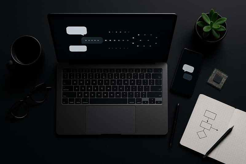 laptop ao centro exibindo fluxo de bolhas de conversa e pontos, smartphone com ícones de diálogo, chip de IA, caderno quadriculado com diagrama de blocos e setas, óculos, caneta, caneca e pequena planta.