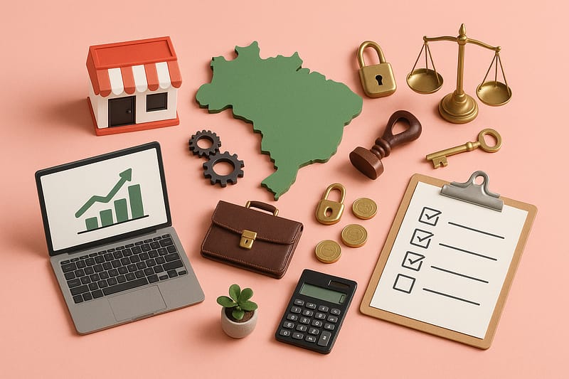 objetos que representam livre iniciativa no Brasil, recorte verde do mapa do país ao centro, mini loja, balança de justiça, laptop com gráfico de crescimento sem texto, maleta, engrenagens, lacres e chave, moedas, prancheta com checklist, calculadora e pequena planta.