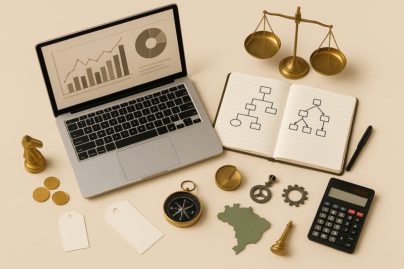 Imagem com objetos que representam decisões econômicas para empreender no Brasil, notebook com gráficos, caderno com árvores de decisão, bússola, etiquetas de preço em branco, moedas, engrenagens, peça de xadrez cavalo, calculadora, balança dourada e recorte do mapa do Brasil.