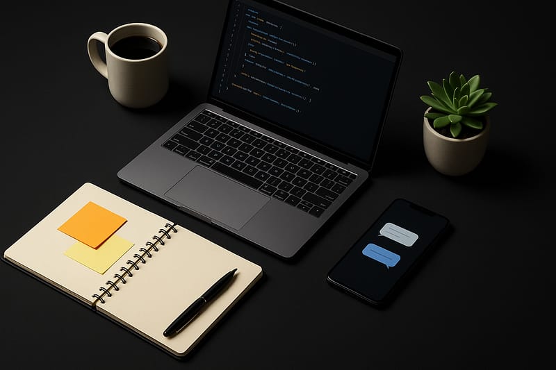 Laptop com código, smartphone com chat, notebook com post-its, xícara de café e planta sobre fundo preto.