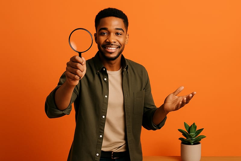 Jovem profissional em plano médio segurando uma lupa com a mão direita e gesticulando com a esquerda, sobre fundo laranja, com uma suculenta ao lado.